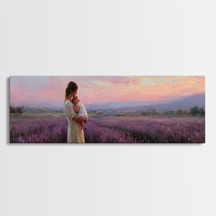 Mother And Baby Lavender Field Wall Art, Sunset Landscape Canvas Print, Purple Romantic Bedroom Decor Gift For Mom Home Decor