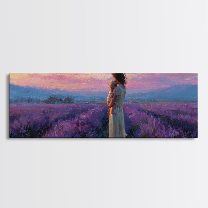 Mother And Baby Lavender Path Wall Art, Sunset Provence Landscape Framed Canvas Print, Romantic Bedroom Decor Gift For Mom