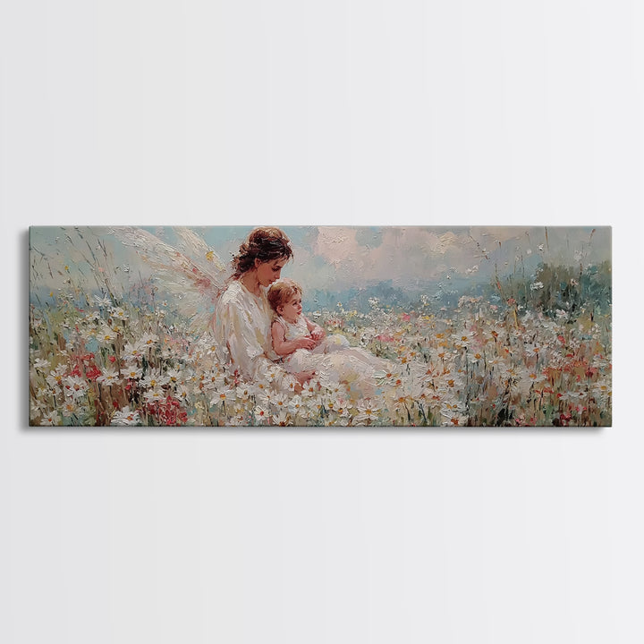 Angel Mother And Baby Daisy Meadow Wall Art, Heavenly Wildflower Canvas Print, Christian Nursery Decor Gift For Mom Home Decor