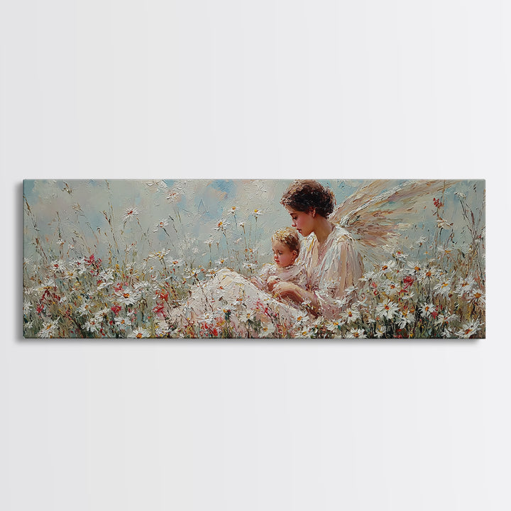 Angel Mother And Child In Wildflower Meadow Wall Art, Christian Nursery Decor, Angel Canvas, Motherhood Gift For Her, Serene Home Decor