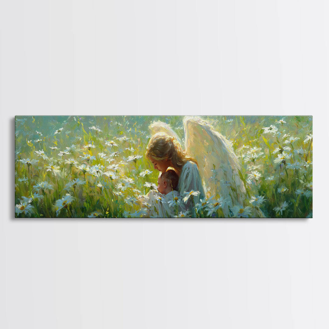Guardian Angel Holding Baby In Daisy Meadow Framed Canvas Print, Christian Wall Art, Nursery Decor, Motherhood Gift For Her