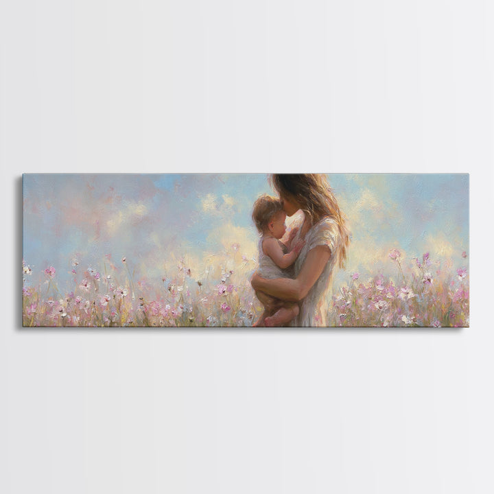 Tender Mother Holding Baby In Pastel Wildflowers Canvas Print, Motherhood Wall Art, Nursery Decor, Gift For Mom, Baby Shower Gift