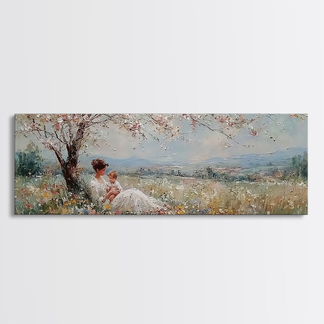 Mother And Baby Under White Blossom Tree In Meadow Framed Canvas Print, Floral Wall Art, Valley Landscape, Nursery Decor