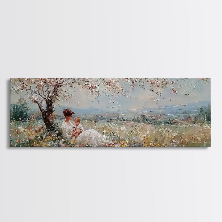 Mother And Baby Under White Blossom Tree In Meadow Framed Canvas Print, Floral Wall Art, Valley Landscape, Nursery Decor