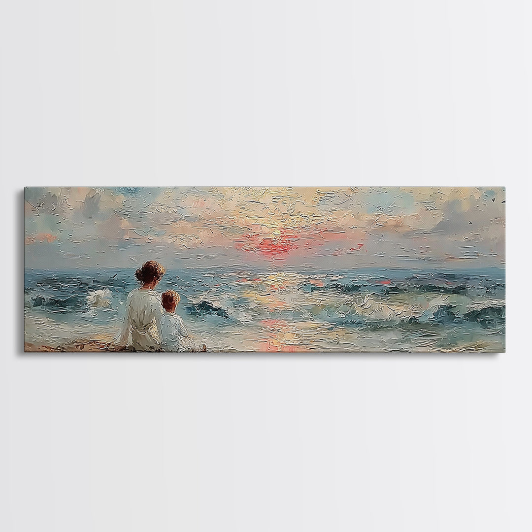 Mother And Child Watching Ocean Sunset Wall Art, Coastal Nursery Decor, Beach House Art, Seascape Painting, Gift For Mom