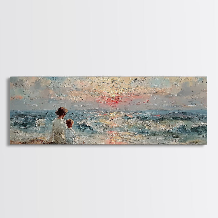 Mother And Child Watching Ocean Sunset Wall Art, Coastal Nursery Decor, Beach House Art, Seascape Painting, Gift For Mom
