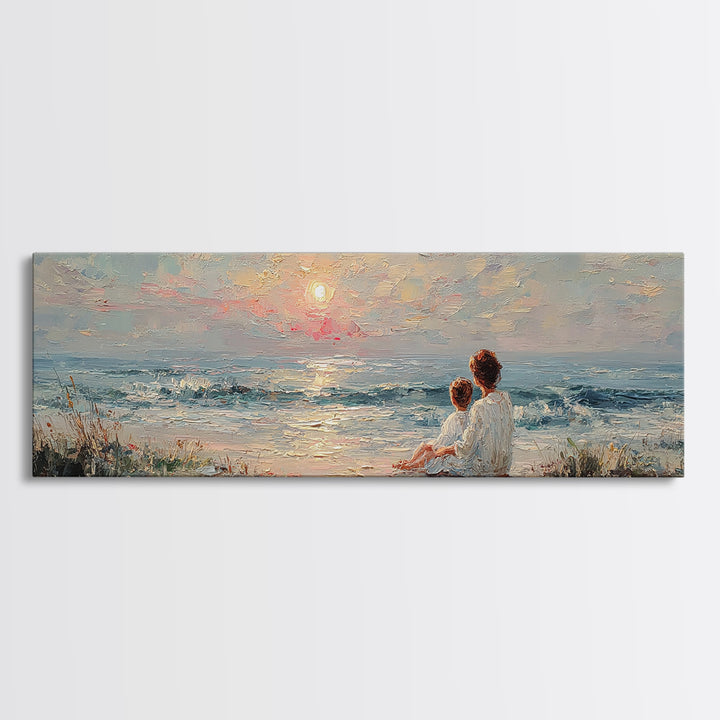 Mother And Child Sitting By Seaside Sunset Canvas Print, Coastal Wall Art, Beach House Decor, Ocean Painting, Gift For Mom
