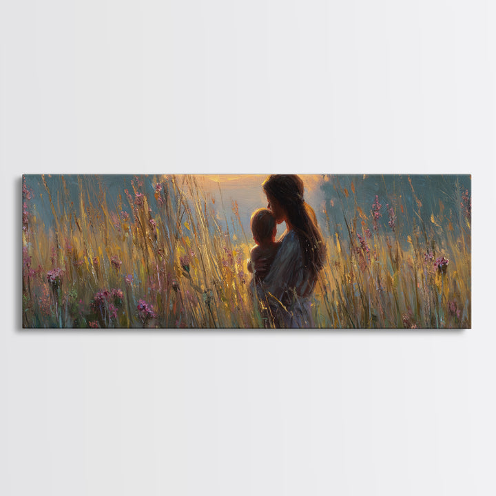 Golden Meadow Mother And Baby Wall Art, Impressionist Wildflower Nursery Decor, Feminine Landscape Canvas Gift For New Mom