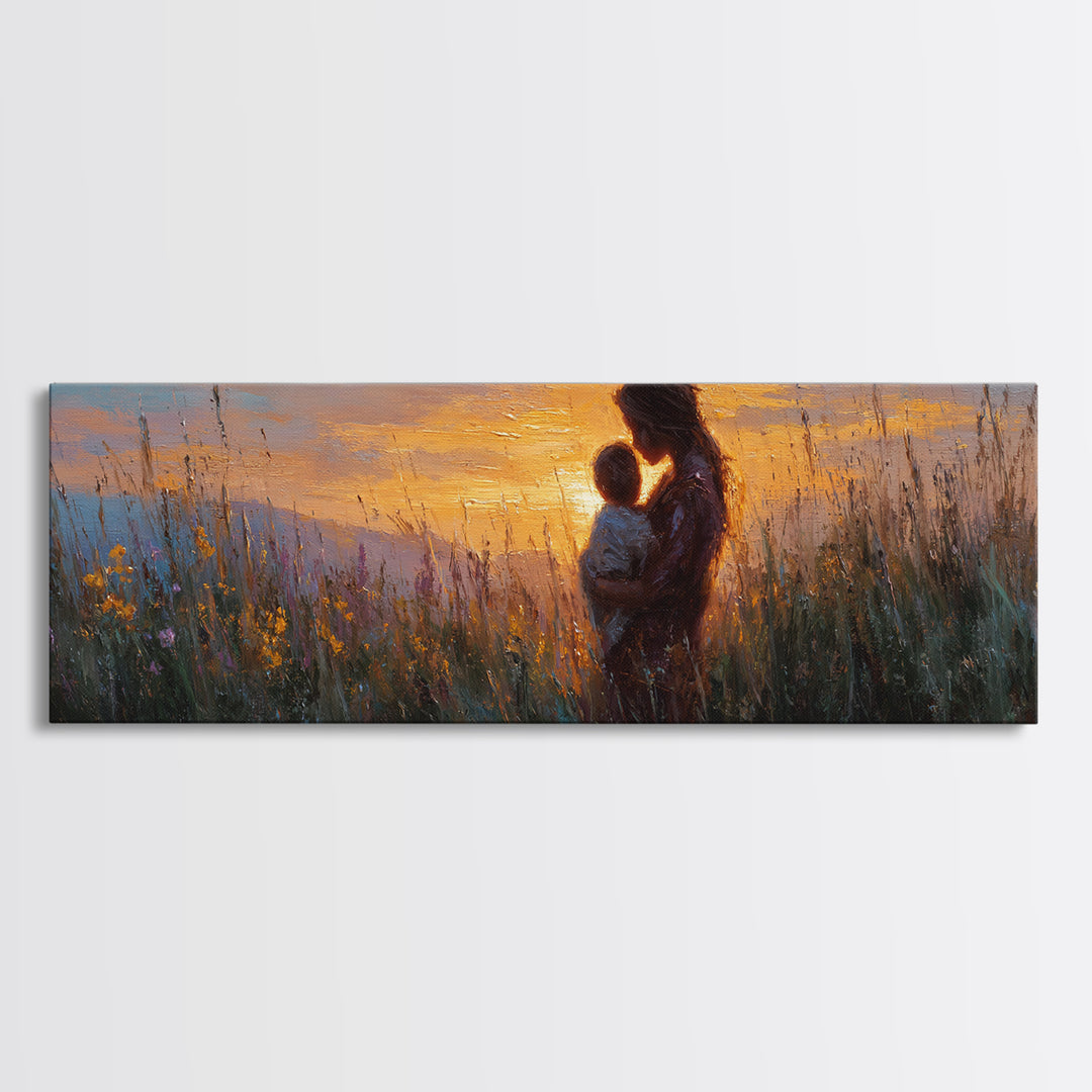 Sunset Meadow Mother And Baby Framed Canvas Print, Impressionist Wildflower Wall Decor, Motherhood Gift For Her, Living Room Art