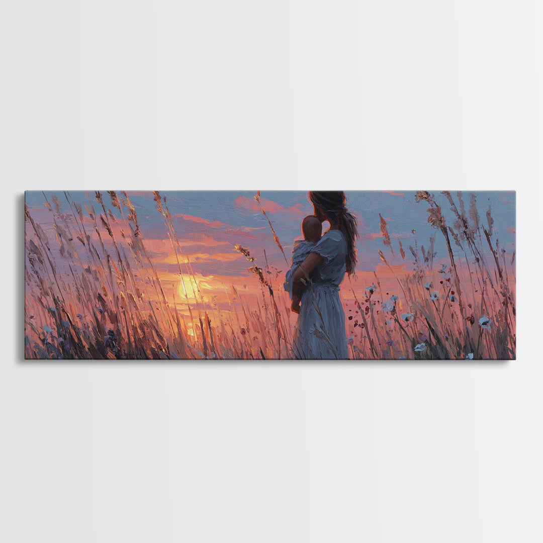 Pink Sunset Mother And Baby Canvas Print, Romantic Wildflower Field Wall Art, Feminine Nursery Decor And Bedroom Gift For Mom