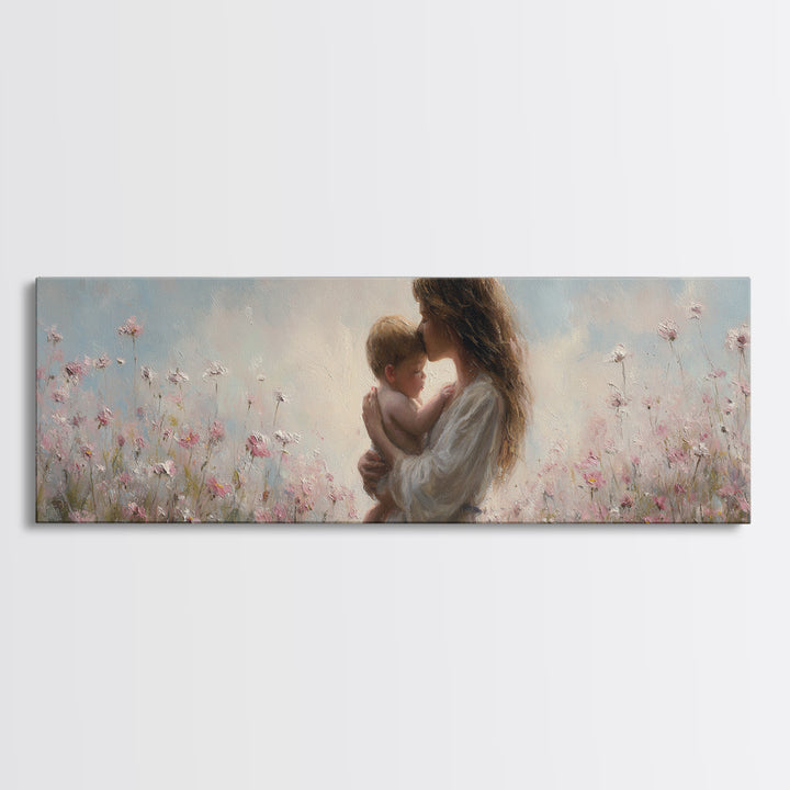 Soft Floral Mother And Baby Wall Art, Dreamy Impressionist Wildflower Meadow, Feminine Nursery Decor Gift For Mom Bedroom Decor
