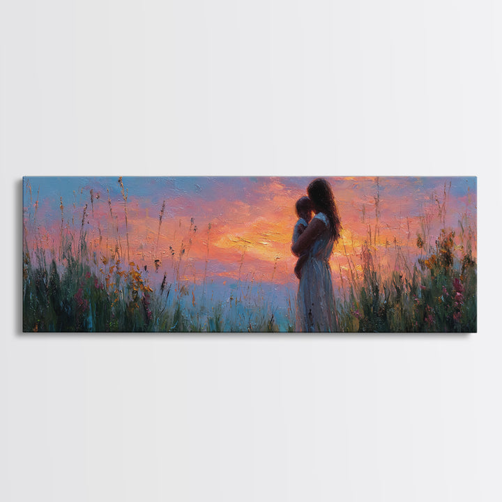 Twilight Meadow Mother And Baby Wall Art, Pink Sunset Wildflower Landscape, Romantic Motherhood Canvas Print For Bedroom