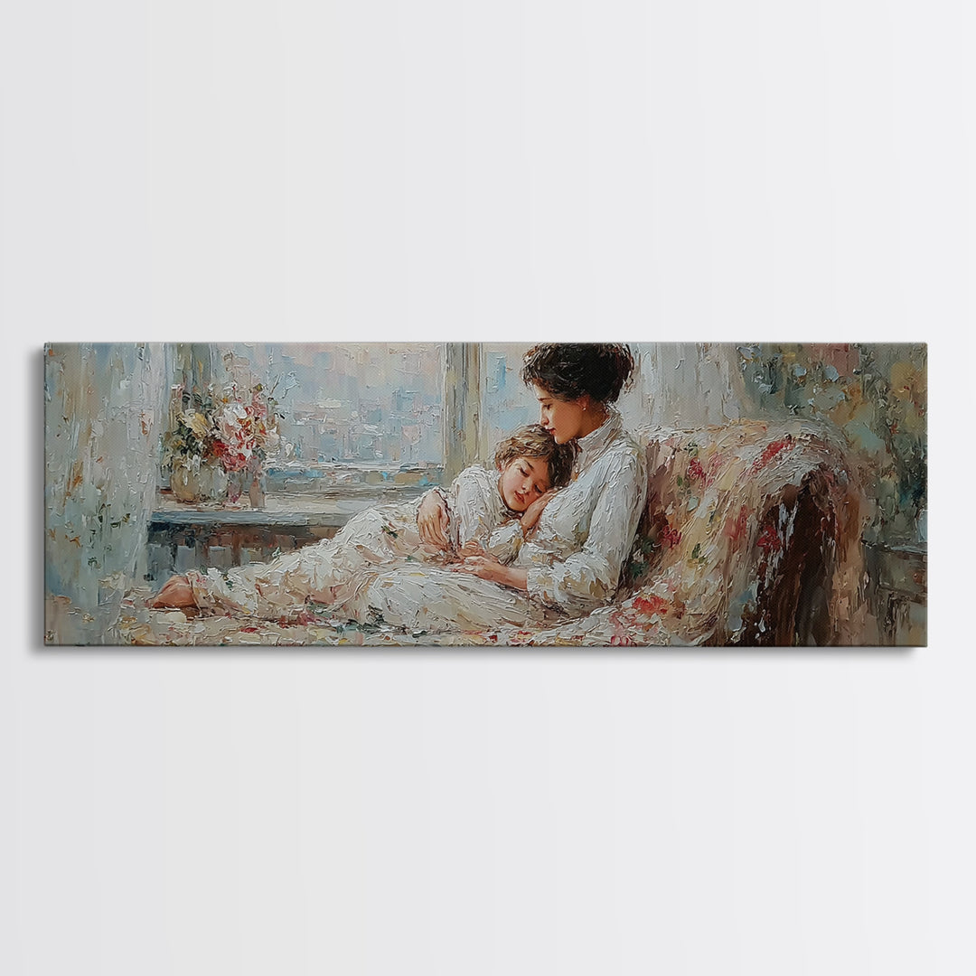 Sleeping Mother And Child On Floral Sofa Wall Art, Cozy Bedroom Decor, Impressionist Motherhood Canvas Print Gift For Mom