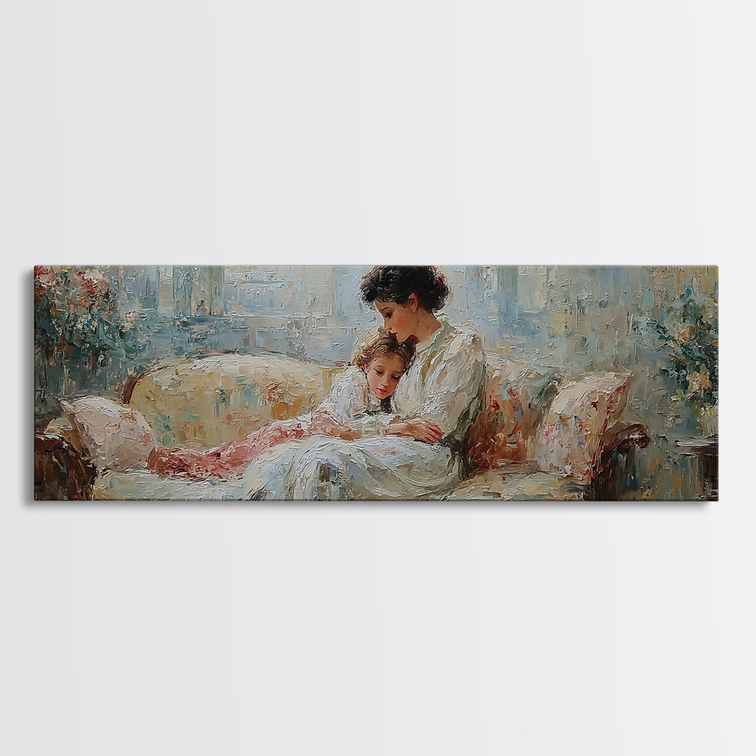 Mother And Child Reading On Floral Sofa Framed Canvas Print, Cozy Home Decor, Feminine Bedroom Wall Art Gift For Her Nursery Decor
