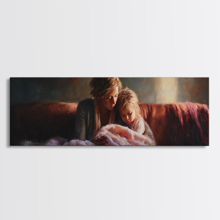 Moody Mother And Daughter Reading Wall Art, Warm Lamplight Sofa Scene, Cozy Bedroom Canvas Print Gift For Mom Living Room Decor