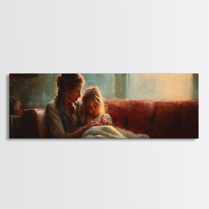 Warm Mother And Child Bedtime Story Canvas Print, Cozy Lamplight Sofa Wall Art, Family Living Room Decor Gift For Her Bedroom Decor