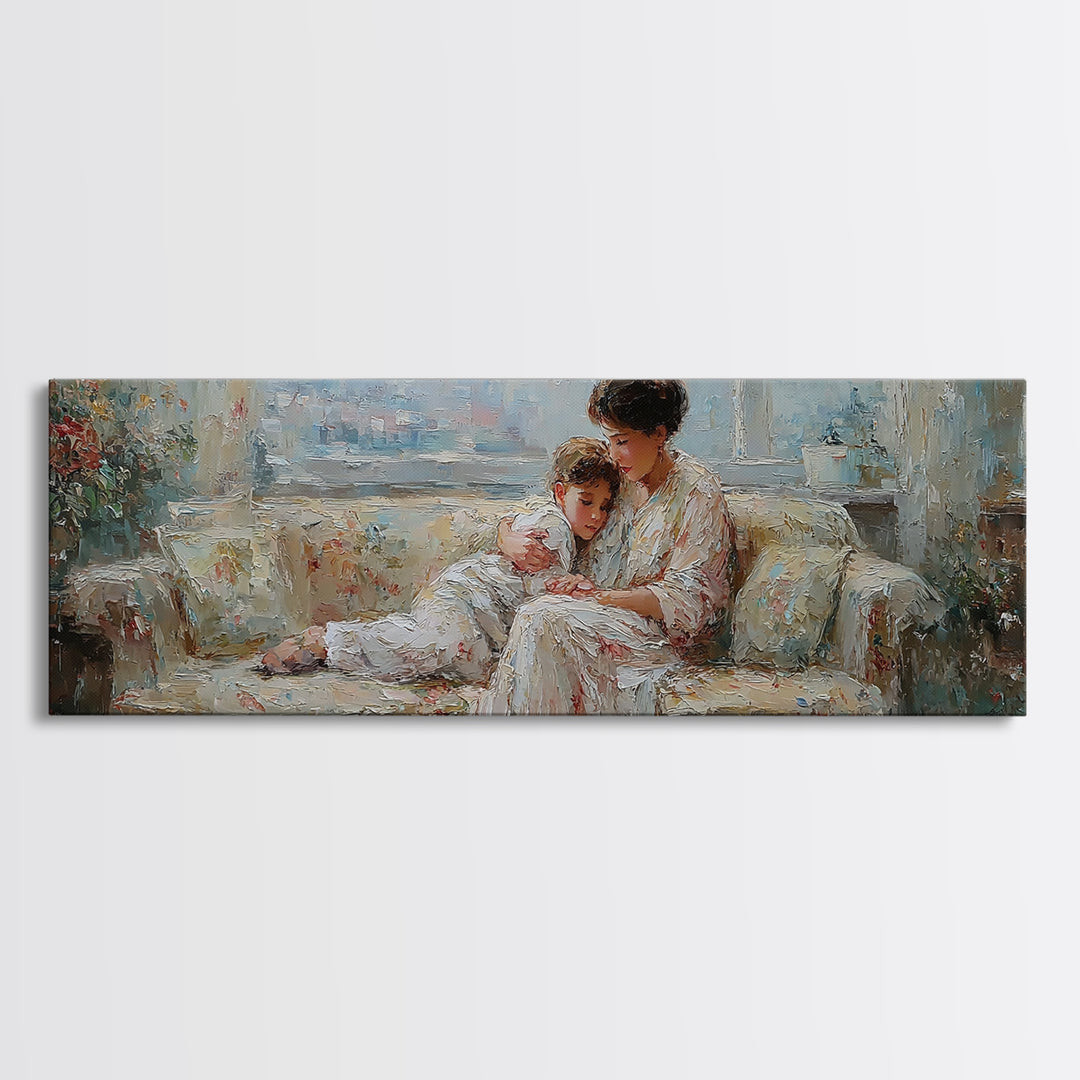 Mother And Child On Floral Sofa Framed Canvas Print, Impressionist Nursery Decor, Feminine Bedroom Wall Art, Gift For Her