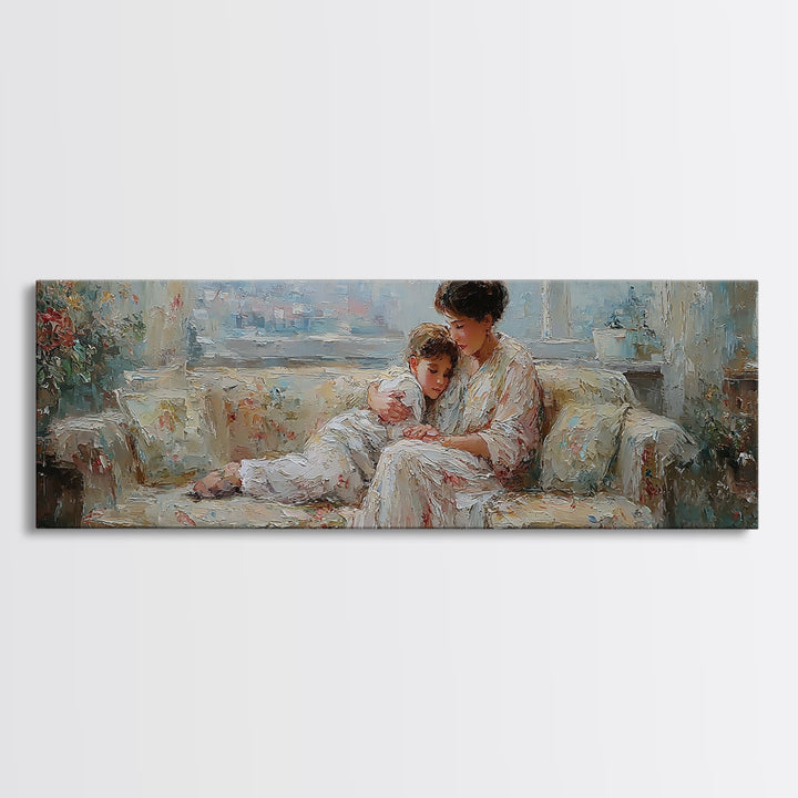 Mother And Child On Floral Sofa Framed Canvas Print, Impressionist Nursery Decor, Feminine Bedroom Wall Art, Gift For Her