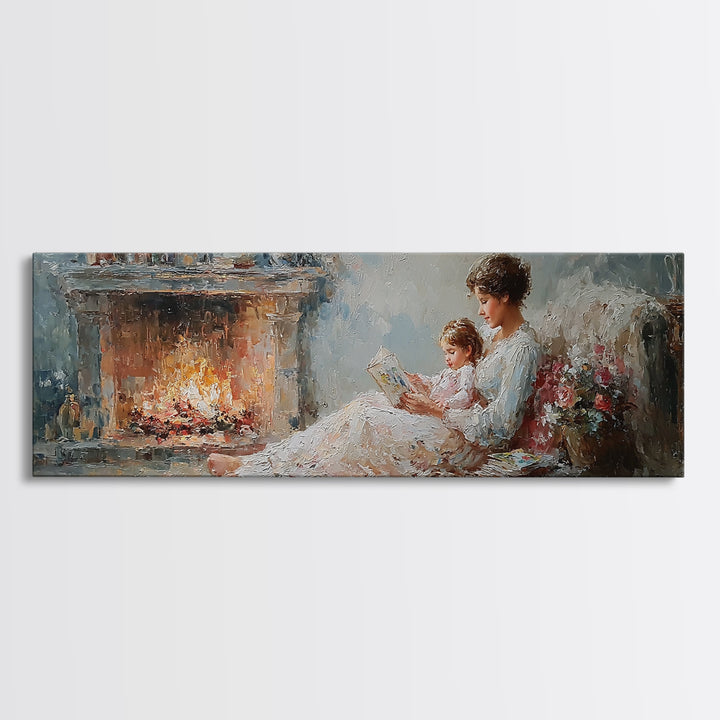 Mother Reading By Fireplace With Child Canvas Print, Cozy Bedroom Wall Art, Impressionist Living Room Decor, Gift For Mom