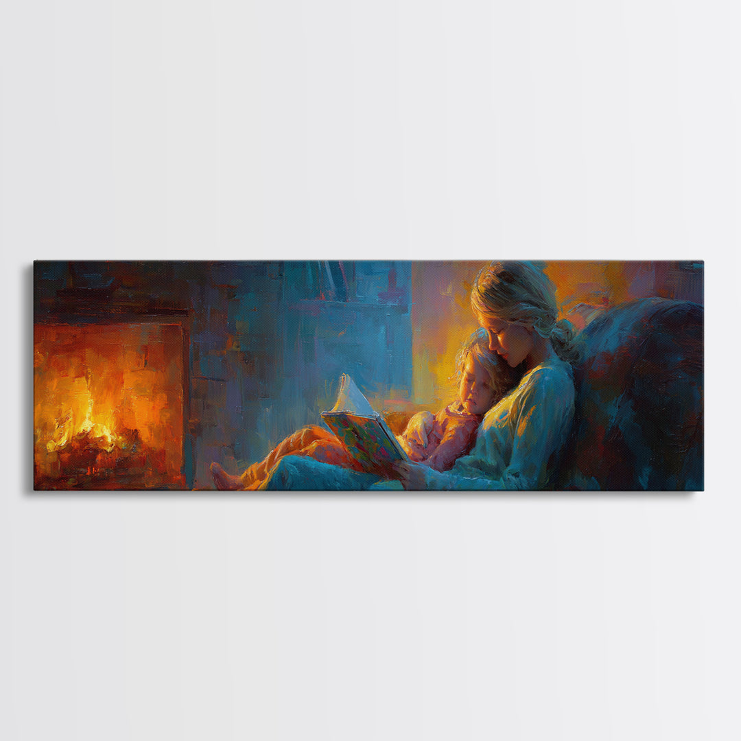 Cozy Mother And Child Reading By Firelight Wall Art, Moody Impressionist Canvas Print, Dark Academia Living Room Decor Gift