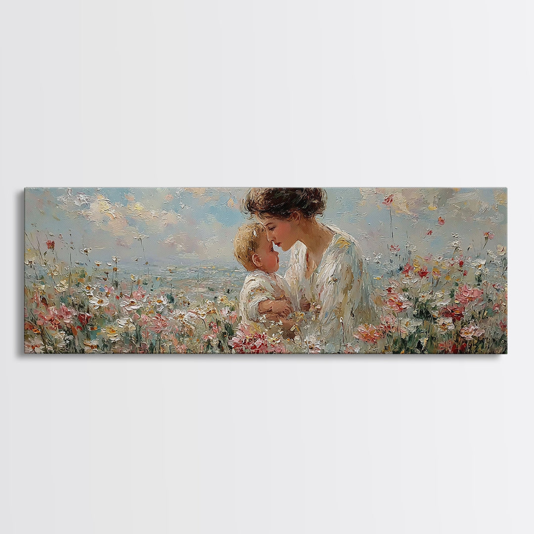 Mother Kissing Baby In Wildflower Meadow Framed Canvas Print, Feminine Floral Wall Art, Soft Nursery Decor, Gift For Her