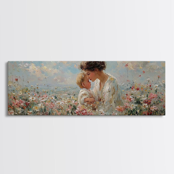 Mother Kissing Baby In Wildflower Meadow Framed Canvas Print, Feminine Floral Wall Art, Soft Nursery Decor, Gift For Her