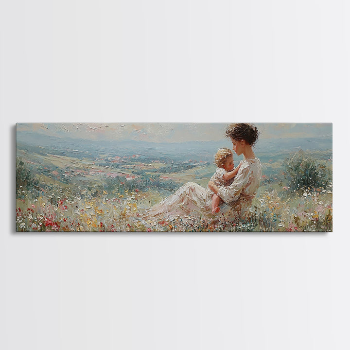 Mother Holding Baby In Sunlit Meadow Canvas Print, Panoramic Landscape Wall Art, Floral Nursery Decor, Housewarming Gift