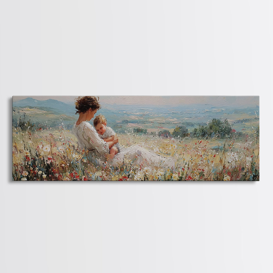 Mother And Baby Resting In Wildflowers Wall Art, Impressionist Landscape Canvas Print, Feminine Nursery Decor, Gift For Mom