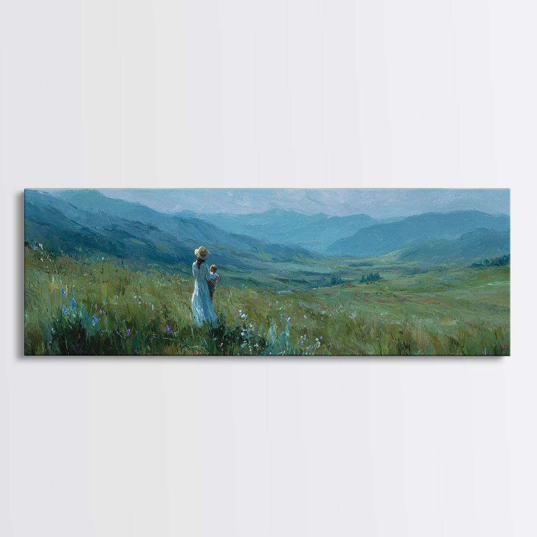 Mother And Child Over Mountain Valley Framed Canvas Print, Panoramic Landscape Wall Art, Blue Green Nature Decor Gift For Her