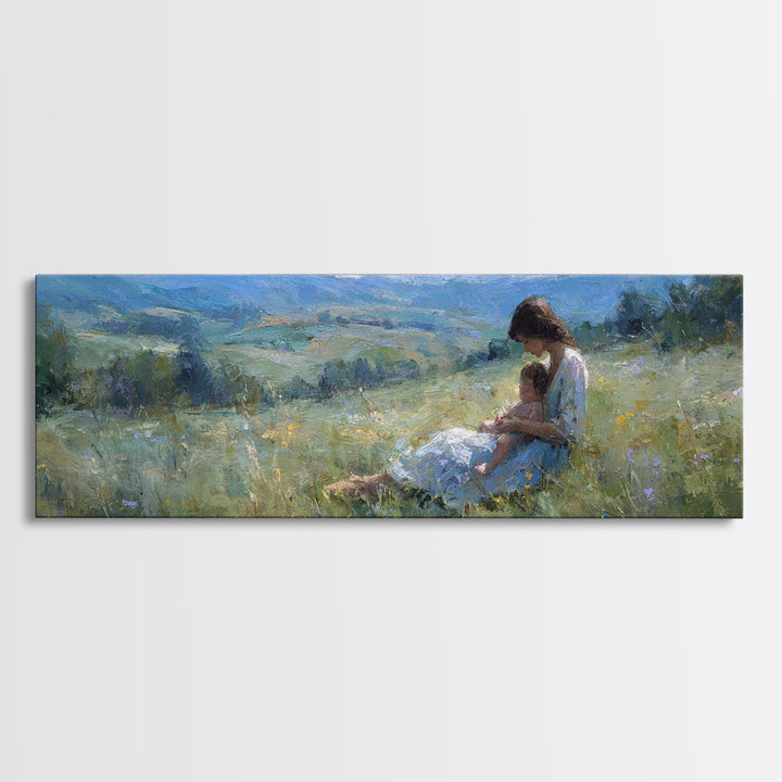 Mother And Child In Blue Mountain Meadow Canvas Print, Impressionist Landscape Wall Art, Peaceful Bedroom Decor, Gift For Her