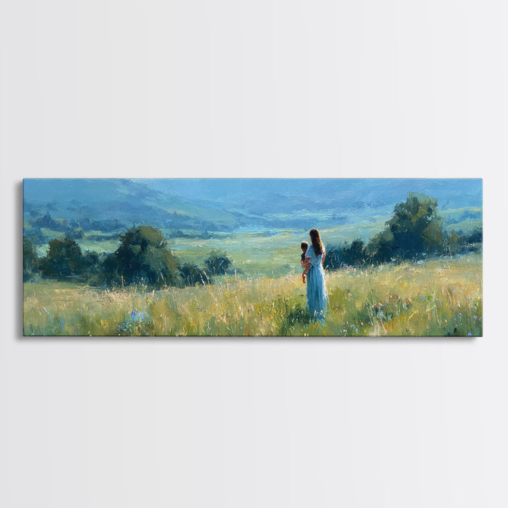 Mother Holding Child In Golden Meadow Wall Art, Panoramic Blue Mountain Canvas Print, Nature Nursery Decor, Housewarming Gift