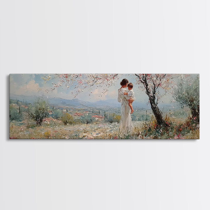 Mother And Baby Under Blossoming Tree Framed Canvas Print, Impressionist Spring Landscape Wall Decor, Nursery Art Gift For Her