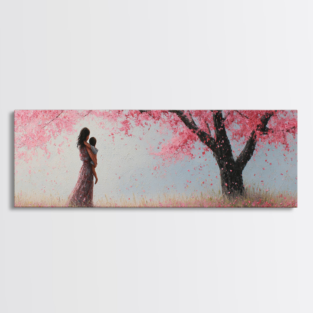 Mother And Infant Beneath Pink Cherry Blossoms Wall Art, Romantic Spring Nursery Decor, Feminine Canvas Art Gift For Her