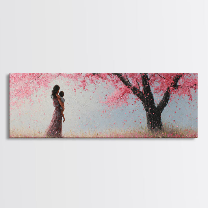 Mother And Infant Beneath Pink Cherry Blossoms Wall Art, Romantic Spring Nursery Decor, Feminine Canvas Art Gift For Her