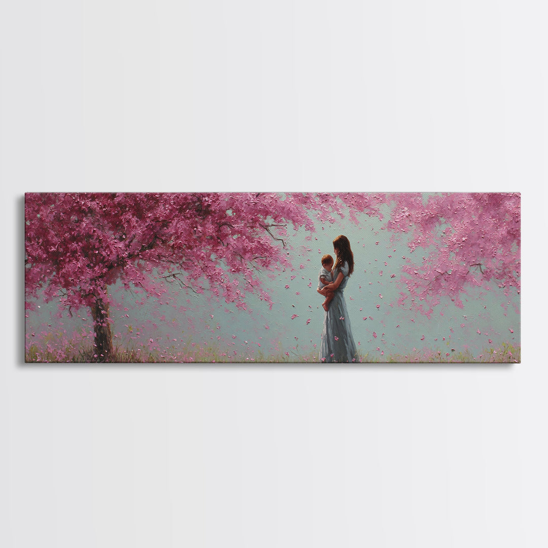 Mother Holding Baby In Pink Blossom Grove Framed Canvas Print, Pastel Nursery Wall Art, Cherry Blossom Home Decor Gift For Mom