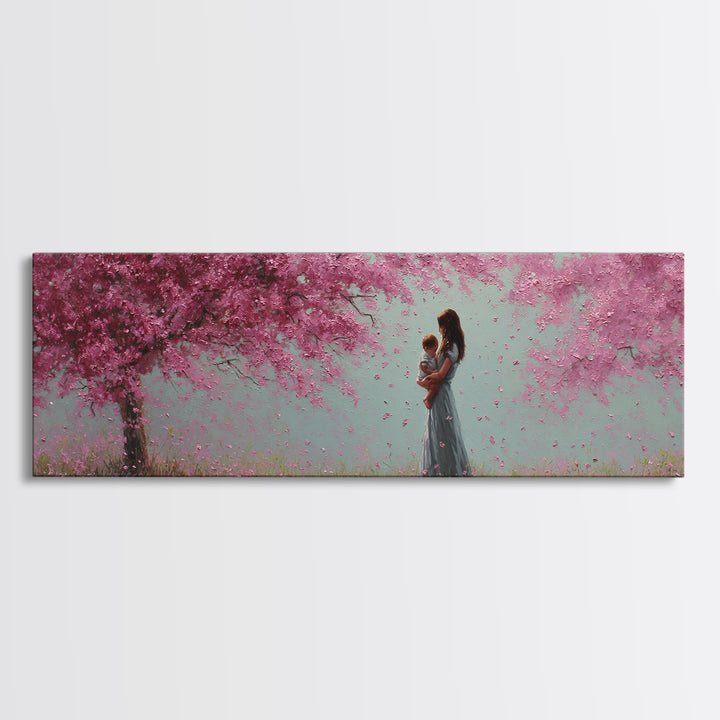 Mother Holding Baby In Pink Blossom Grove Framed Canvas Print, Pastel Nursery Wall Art, Cherry Blossom Home Decor Gift For Mom