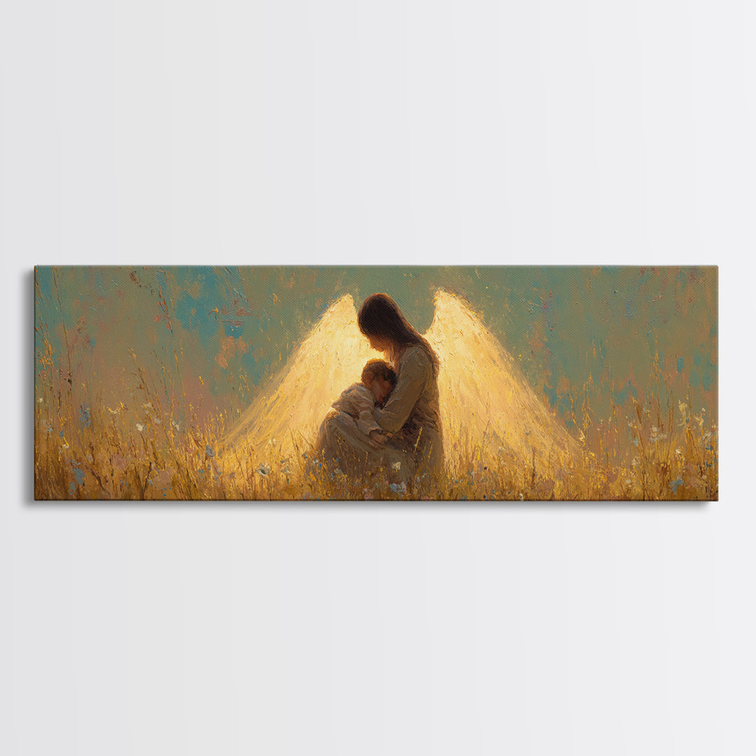 Golden Guardian Angel Embracing Child Canvas Print, Spiritual Wall Art, Christian Nursery Home Decor, Sympathy Gift For Mom
