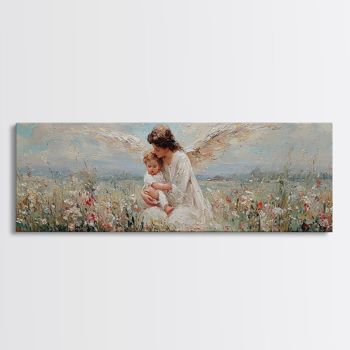 White Winged Angel Holding Baby In Meadow Canvas Print, Christian Wall Art, Spiritual Nursery Decor, Guardian Angel Gift