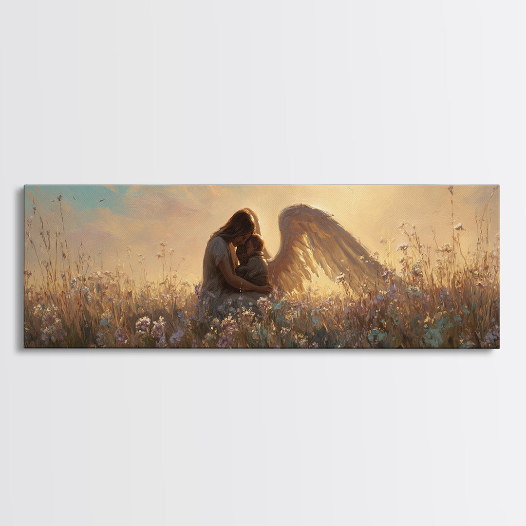 Sunset Guardian Angel Cuddling Child Wall Art, Golden Wildflower Meadow Canvas Print, Christian Nursery Decor Gift For Mom
