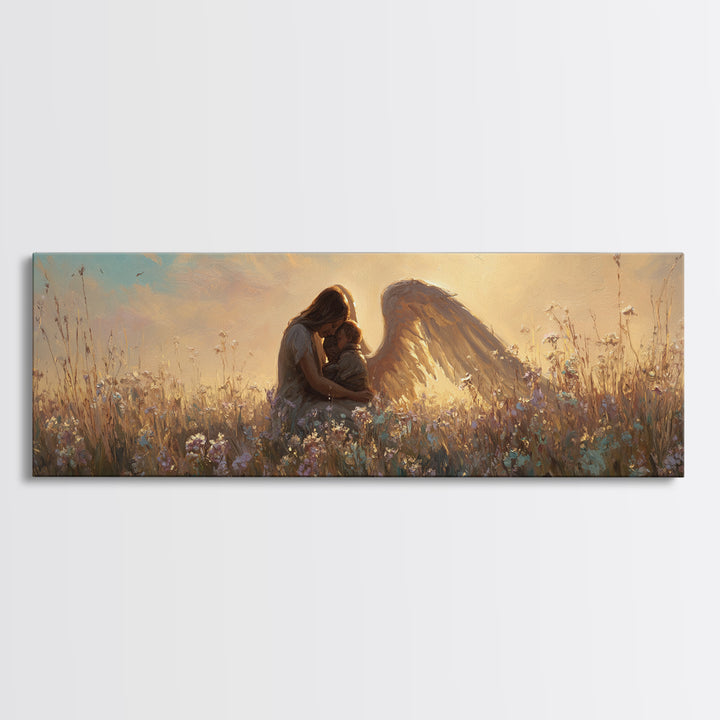 Sunset Guardian Angel Cuddling Child Wall Art, Golden Wildflower Meadow Canvas Print, Christian Nursery Decor Gift For Mom
