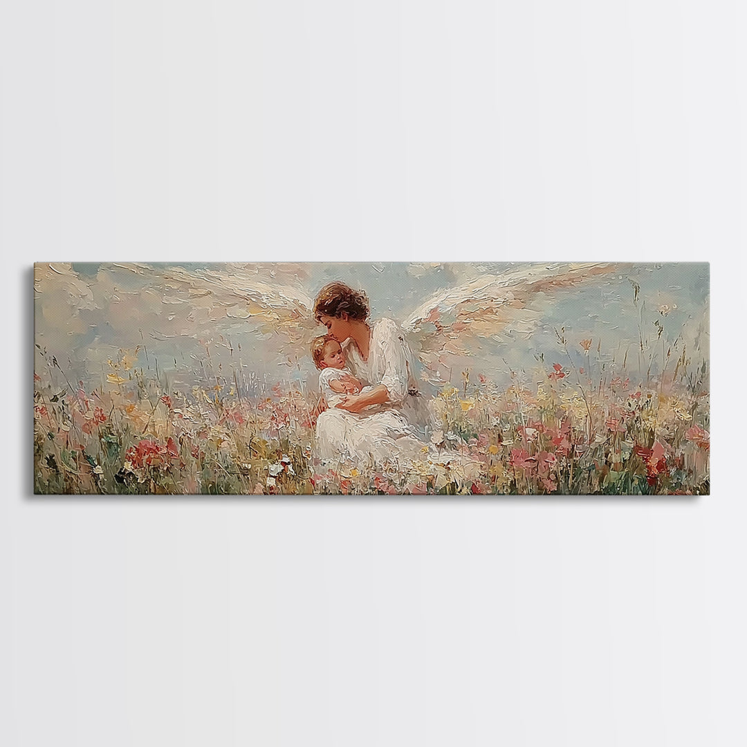Curly Haired Angel Holding Baby In Flowers Canvas Print, Christian Wall Art, Spiritual Nursery Decor, Baptism Gift For Baby