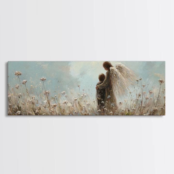 Guardian Angel Walking With Child In Meadow Wall Art, Soft Blue Wildflower Canvas Print, Christian Nursery Decor Gift For Mom