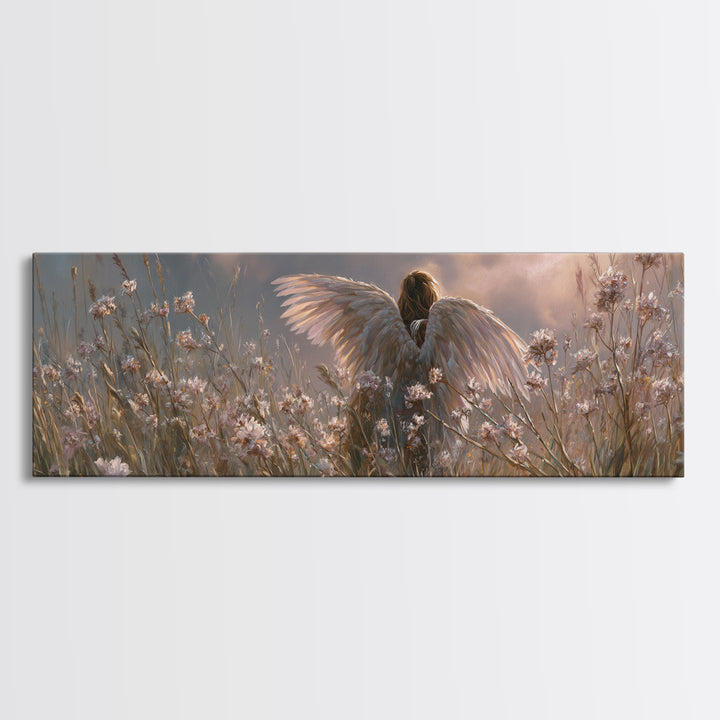Angel In Wildflower Meadow Wall Art, Spiritual Nursery Decor, Ethereal Landscape Print, Christian Gift, Above Bed Art, Calming Decor