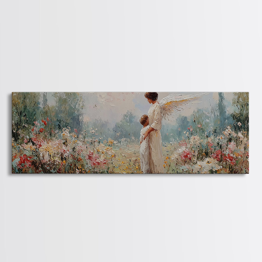 Guardian Angel With Child Framed Canvas Print, Spiritual Wall Art, Nursery Decor, Christian Gift, Wildflower Landscape Art