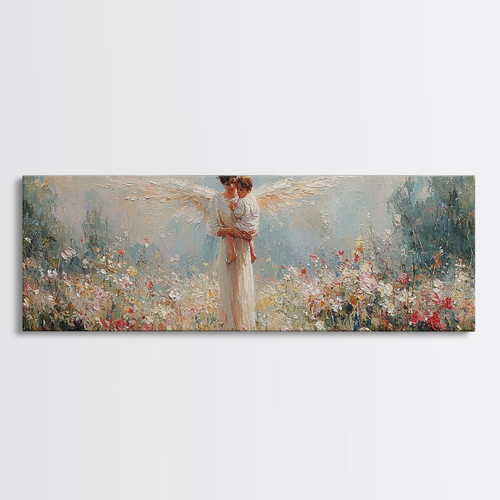 Angel Mother Holding Child Canvas Print, Christian Wall Art, Nursery Decor, Ethereal Meadow Painting, Gift For Her, Housewarming Gift