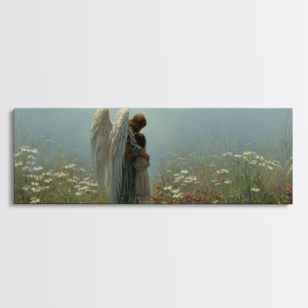 Angel And Little Girl Meadow Wall Art, Christian Nursery Decor, Spiritual Canvas Art, Wildflower Landscape, Calming Gift