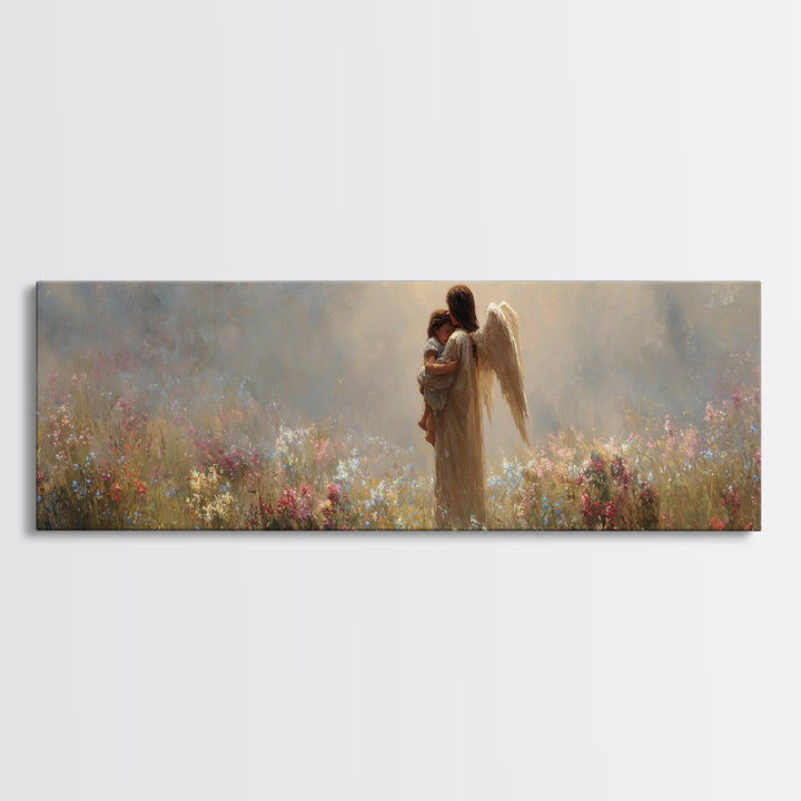 Angel Mother And Baby Framed Canvas Print, Christian Wall Art, Nursery Decor, Wildflower Meadow, Spiritual Art Gift For Her