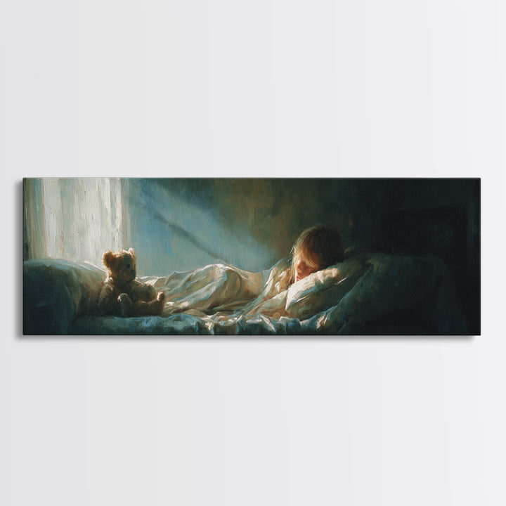 Sleeping Child With Teddy Bear Wall Art, Cozy Bedroom Decor, Nursery Art Print, Sweet Dreams, Gift For Child, Calming Kids Room Decor