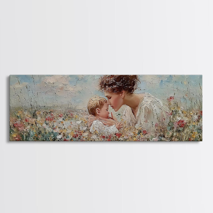 Angel Mother Kissing Baby Framed Canvas Print, Christian Nursery Wall Art, Wildflower Meadow Decor, Gift For Mom, Spiritual Art