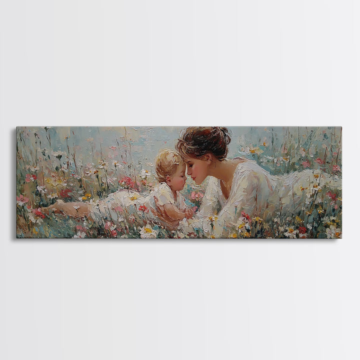 Mother And Baby In Wildflowers Canvas Print, Tender Nursery Wall Art, Christian Decor, Floral Meadow, Gift For Her, Home Decor